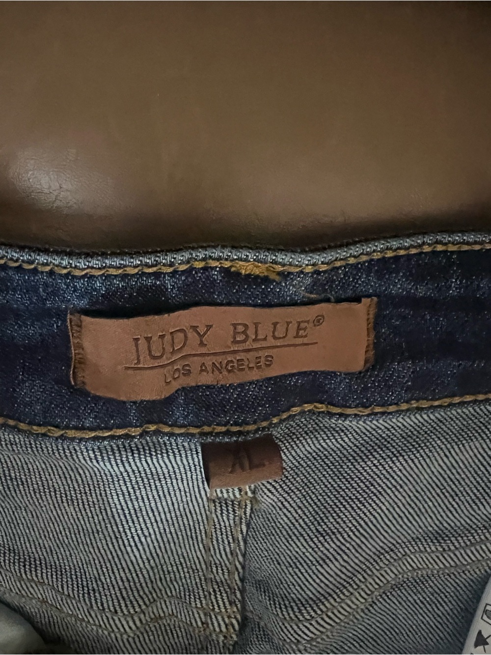 Judy Blue Two-Tone Blue Denim shorts with Brown Leather Patch